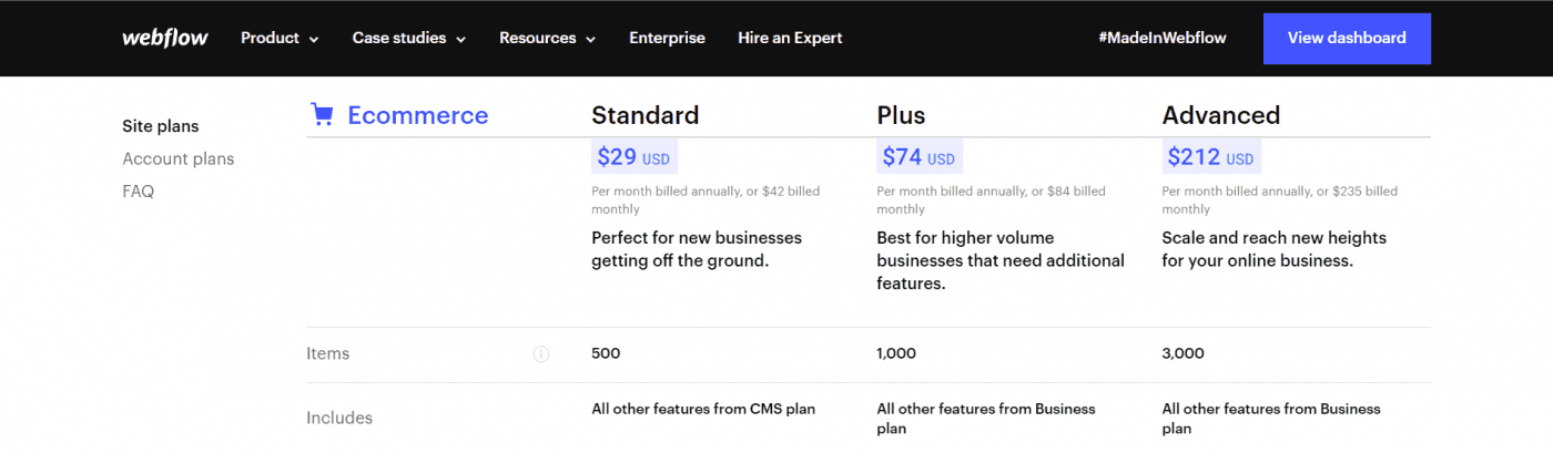 Webflow ecommerce pricing plans
