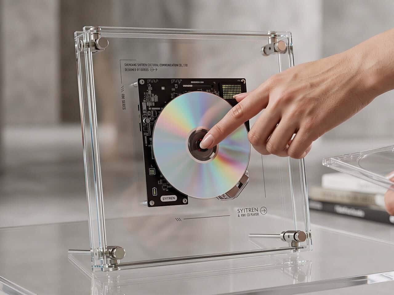 Every CD's unique iridescence shines through the acrylic frame, creating a different ambiance.