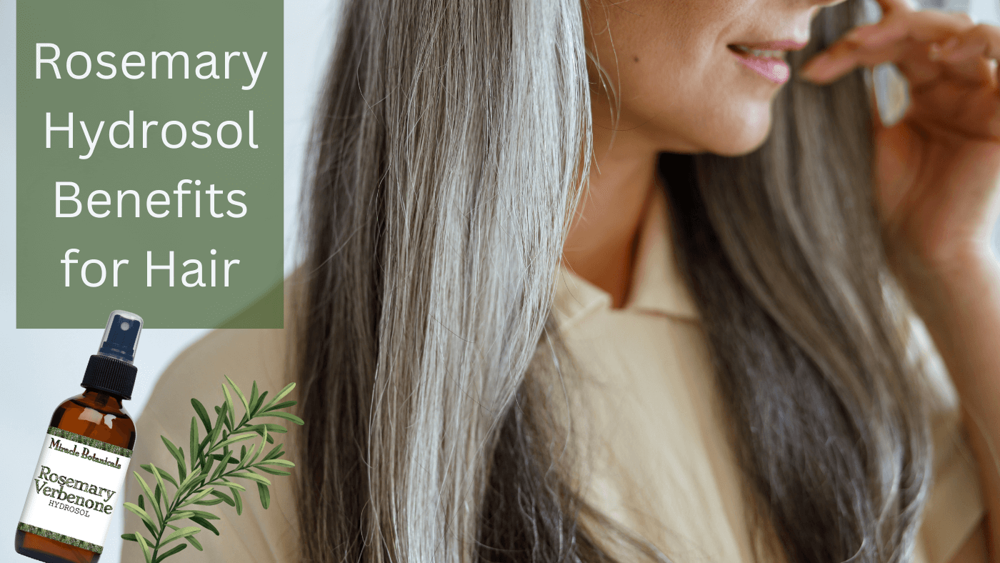 Rosemary Benefits for Hair with a bottle of Rosemary Hydrosol by Miracle Botanicals and a woman with beautiful long healthy hair
