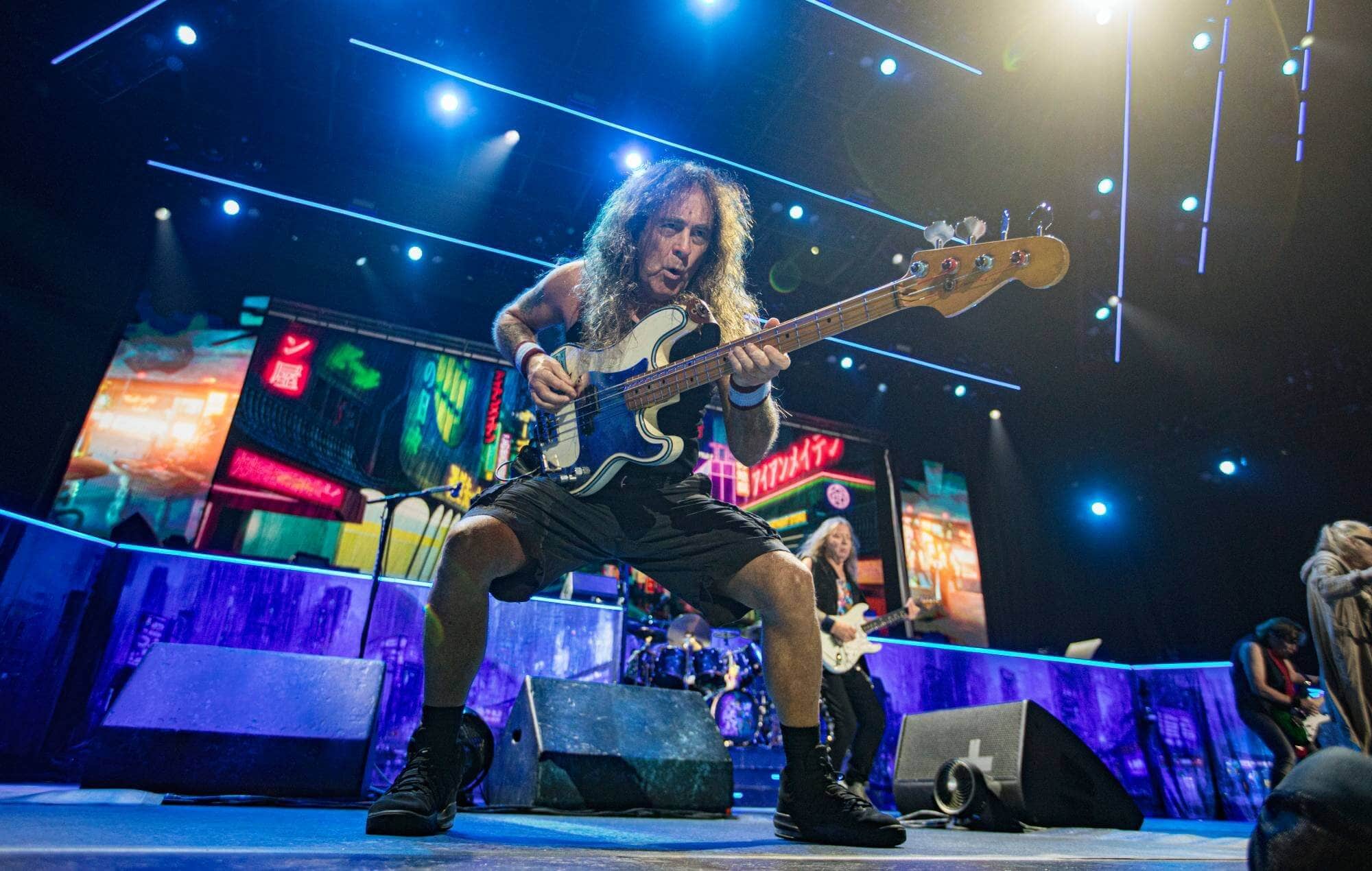 Iron Maiden bassist Steve Harris on stage