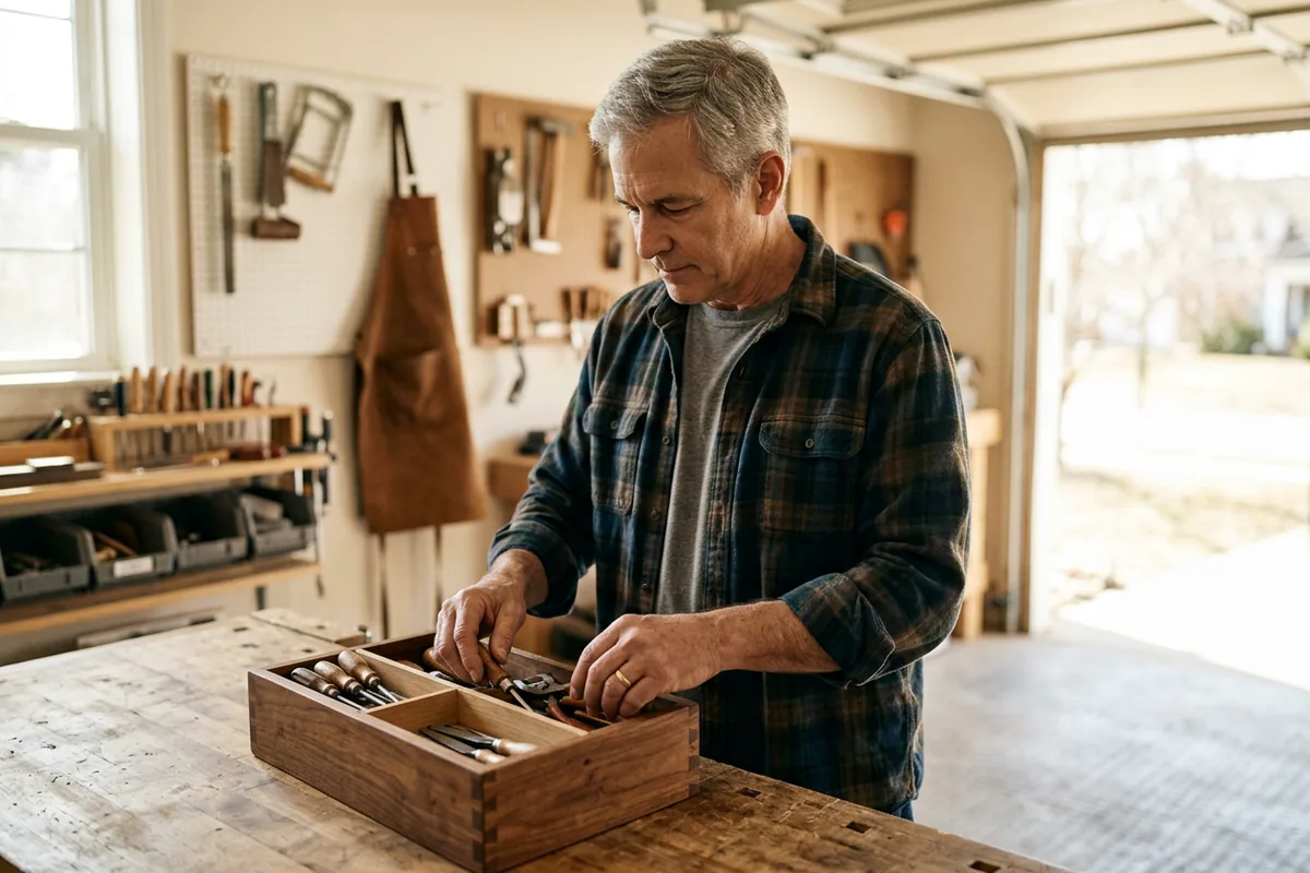 Man in his early sixties back at his garage workbench, sorting small tools a few weeks after surgery