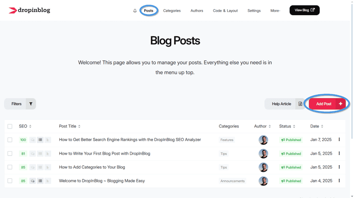 DropInBlog admin: Posts page