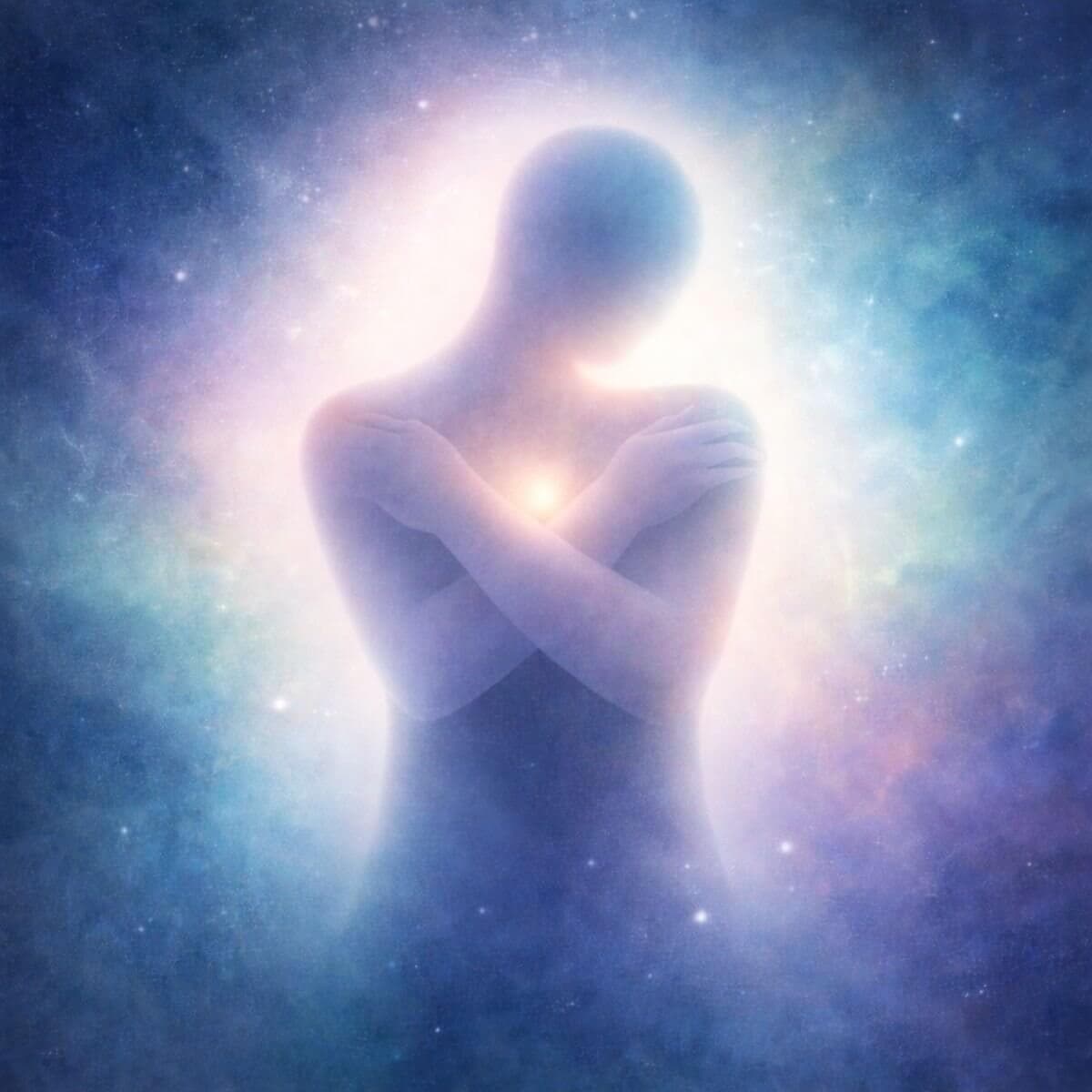 Abstract human silhouette embracing itself in soft cosmic light, expressing sadness and presence through quiet inclusion and awareness.