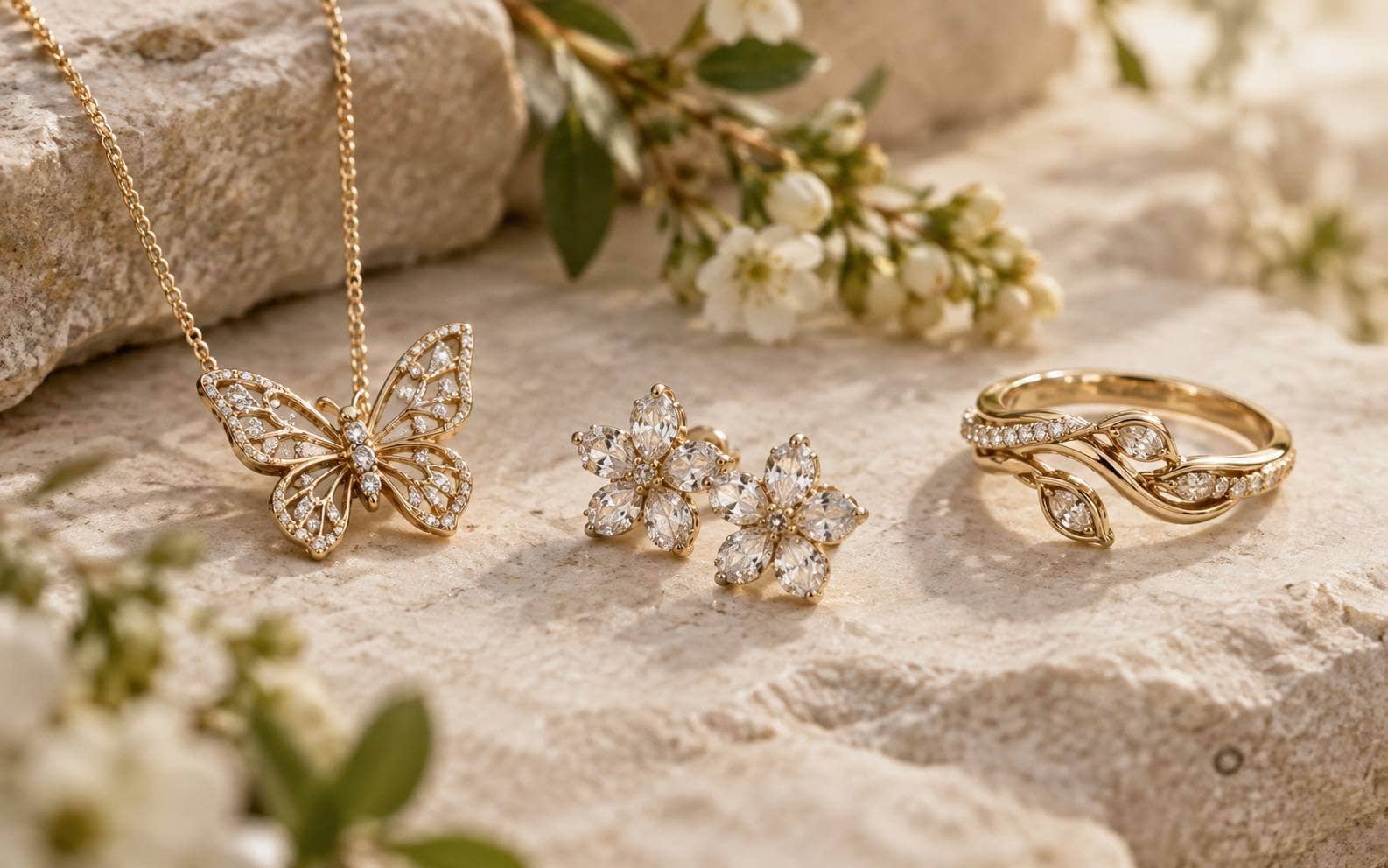A butterfly pendant, floral earrings and a flowing leaf-like ring arranged together on pale stone.