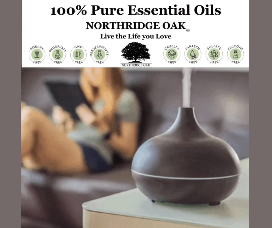 Northridge Oak Frankincense Essential Oil beside an ultrasonic diffuser with frankincense resin and botanical accents