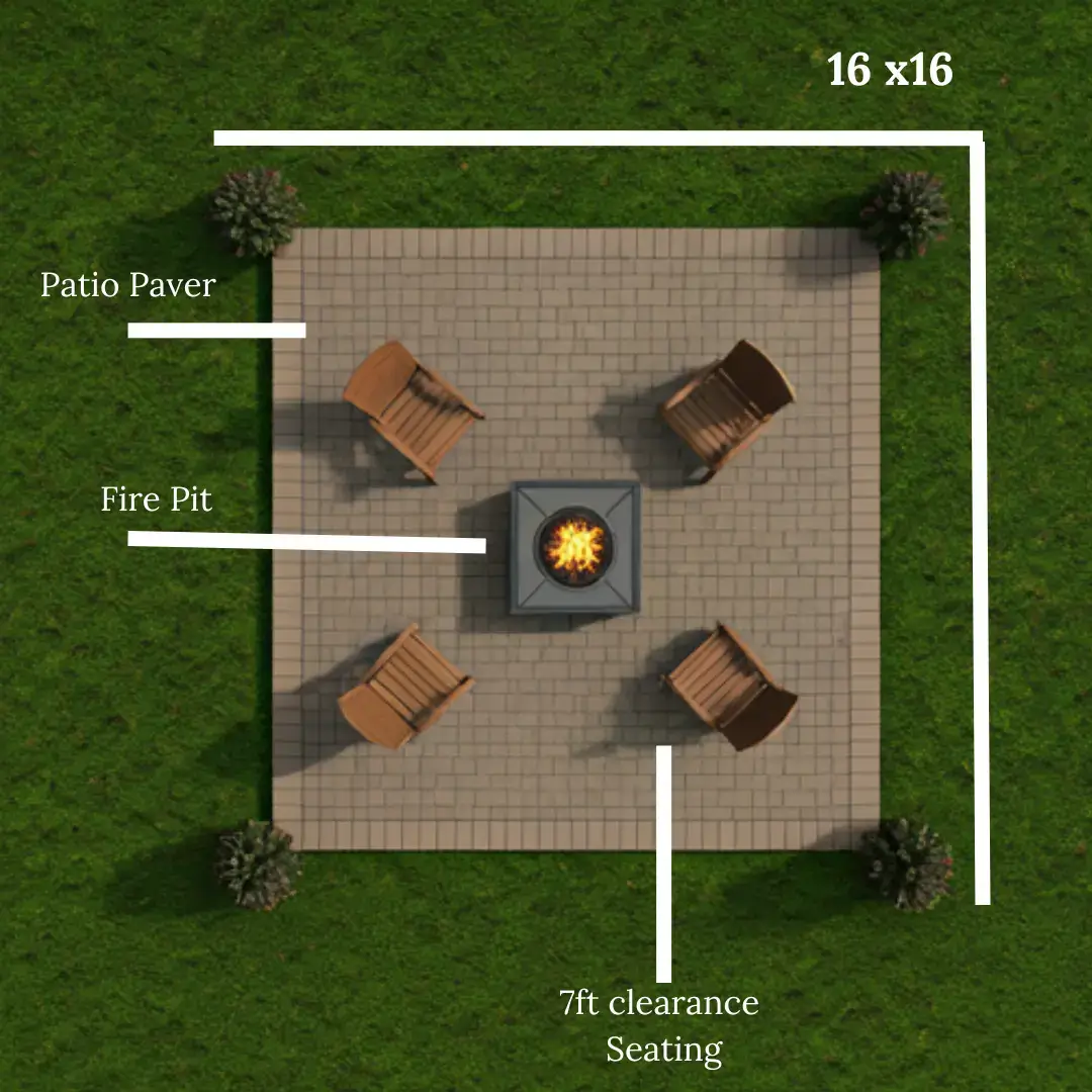 A diagram of a backyard patio with a paver fire pit. The patio is 16x16 feet and has a 7-foot clearance around the fire pit for seating.