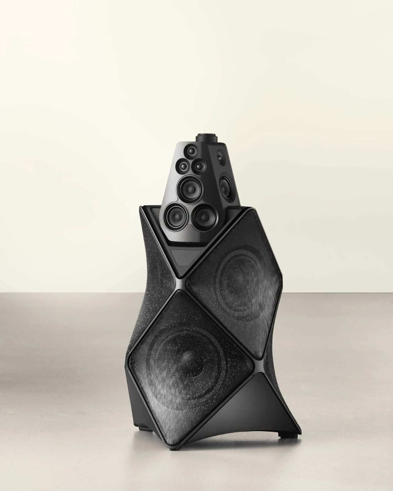 Beolab 90 Phantom Edition with black metal mesh and exposed drivers