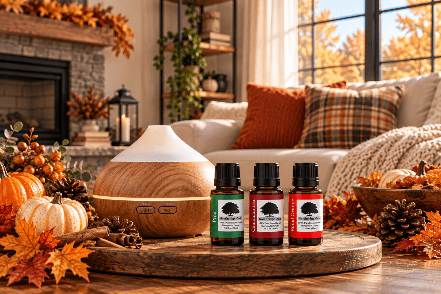 Northridge Oak Pine, Cinnamon Leaf, and Blood Orange essential oils beside a diffuser in a cozy autumn living room