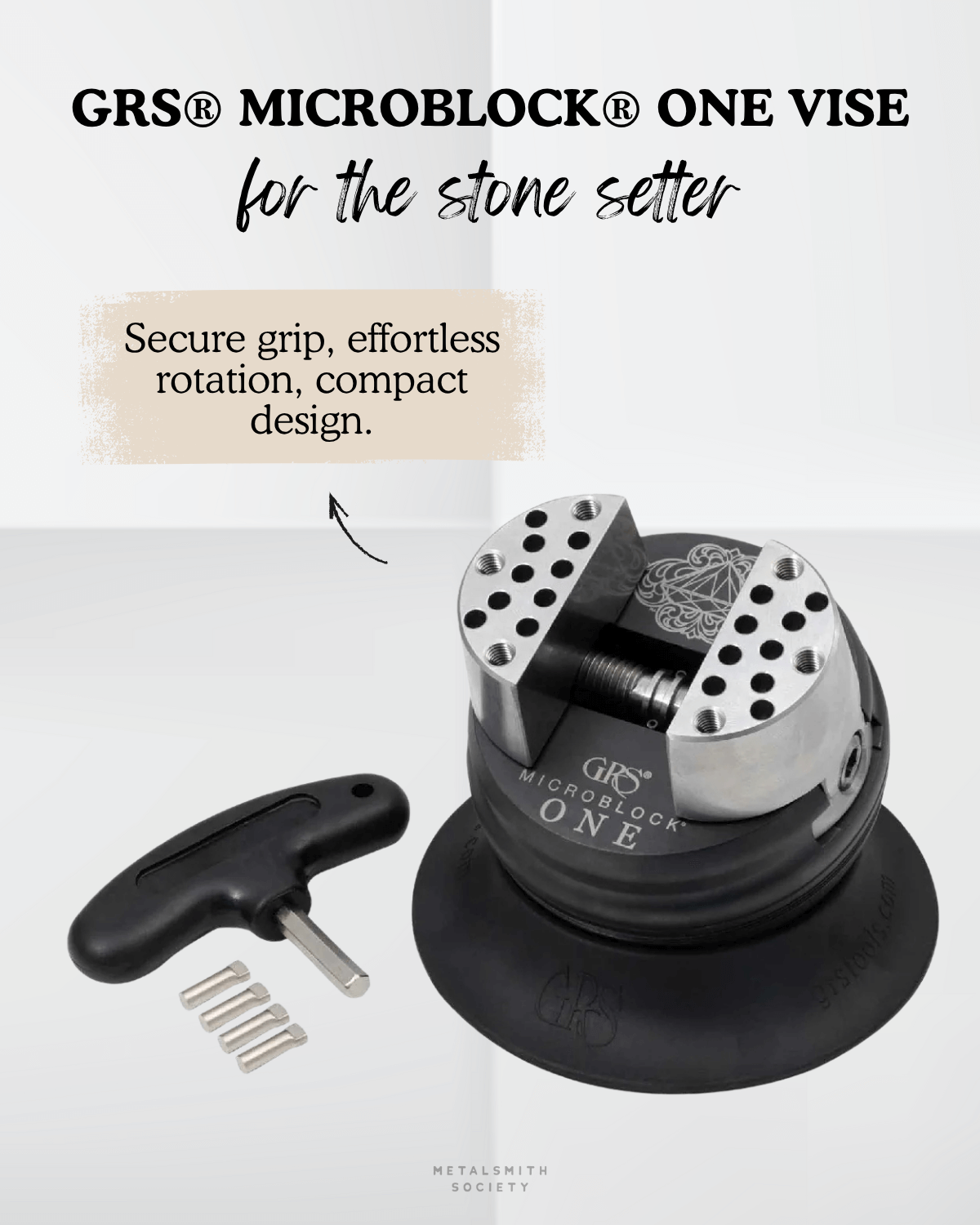 GRS MicroBlock One Vise with accessories, designed for stone setting and precision jewelry work. Featured in the 2025 Metalsmith Society Gift Guide.