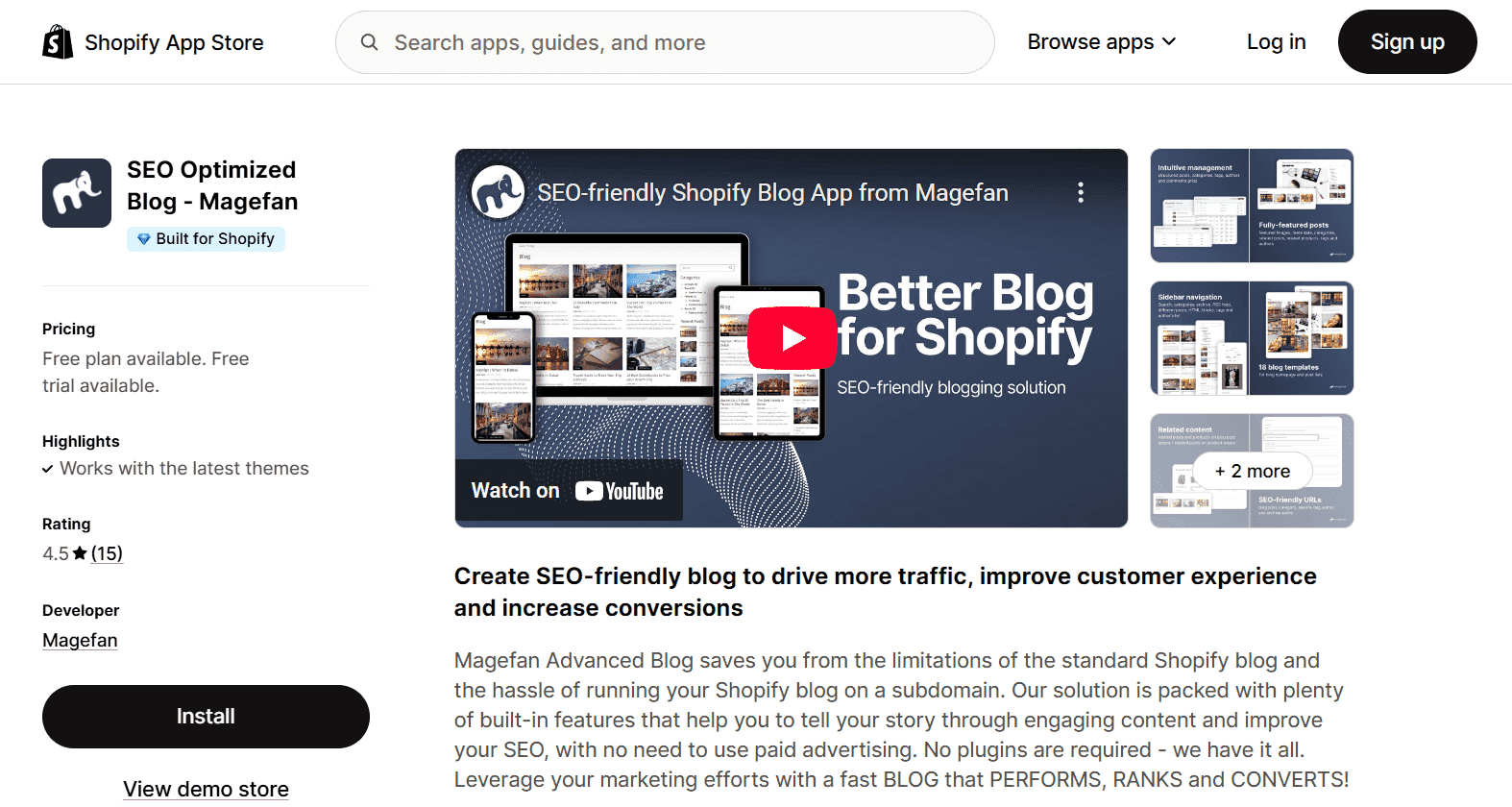 Magefan Shopify app listing