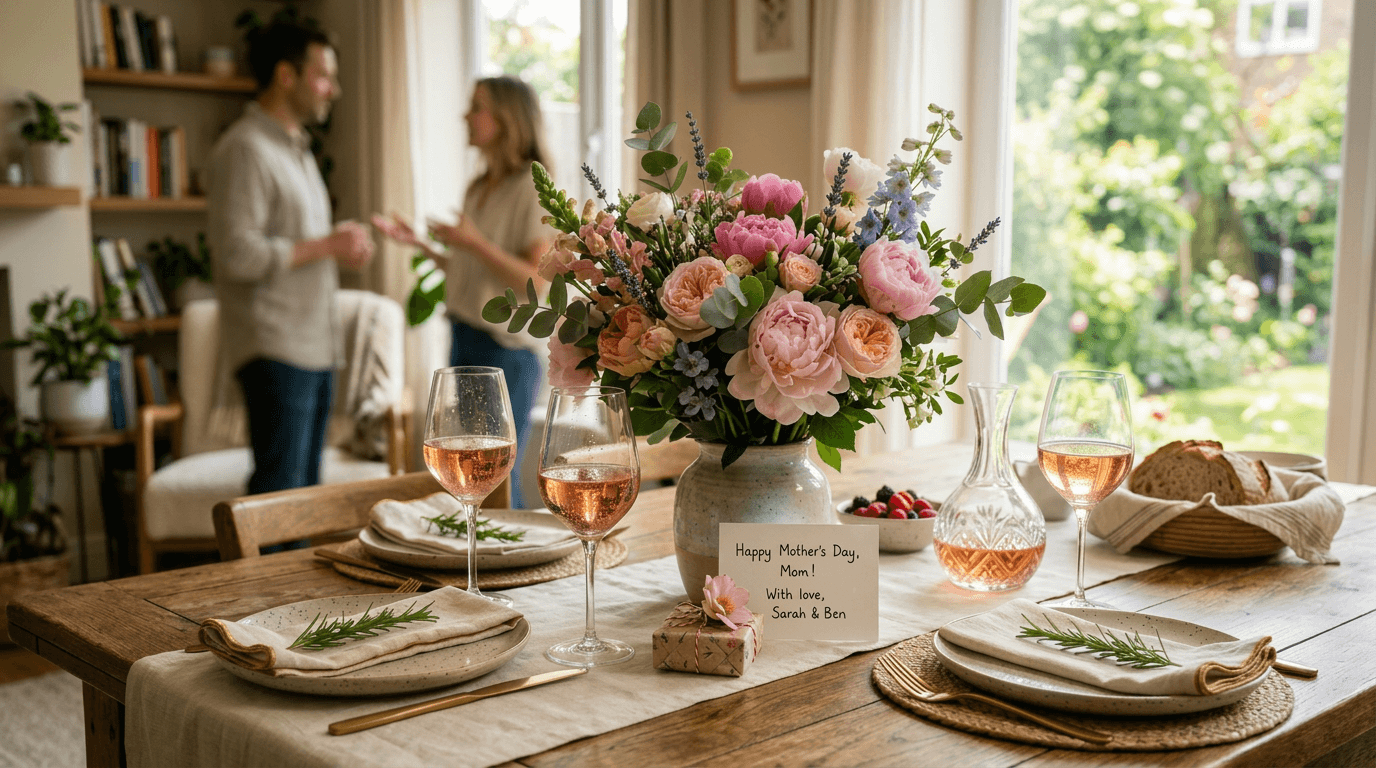 Indoors Mother's Day Wine and Flower bouquet in a table people talking background