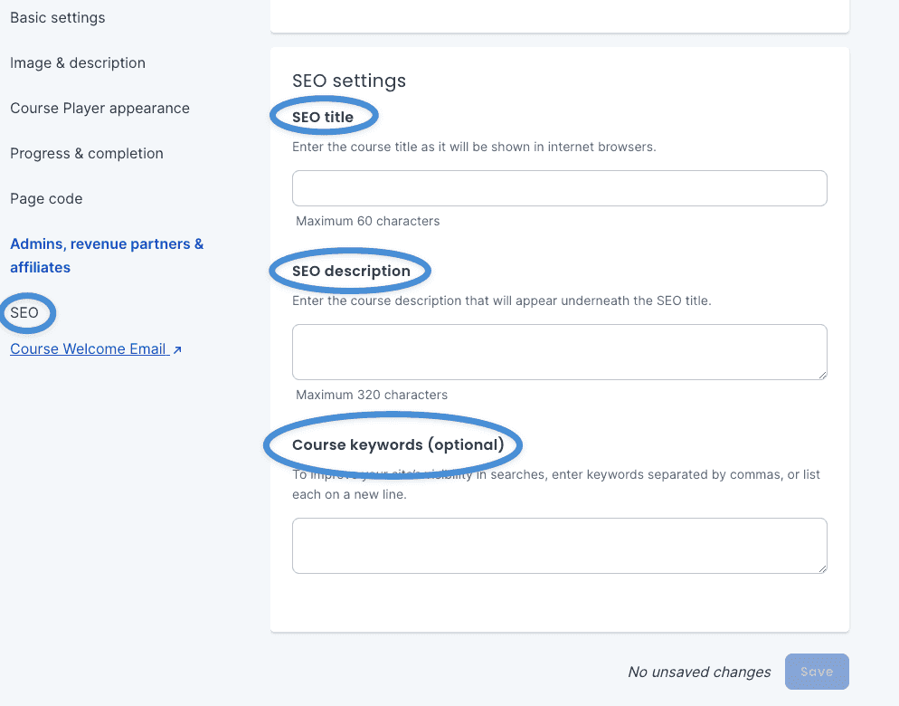SEO settings in Thinkific