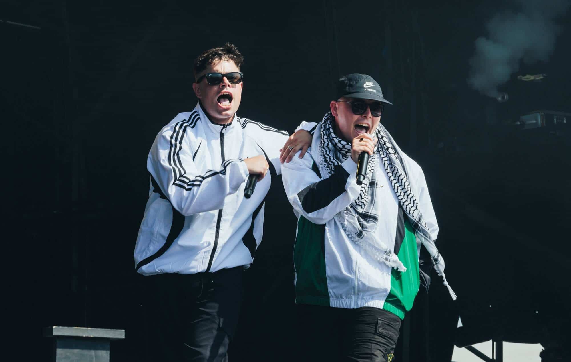 Kneecap's Mo Chara and Móglaí Bap perform at Glastonbury 2025, photo by Andy Ford