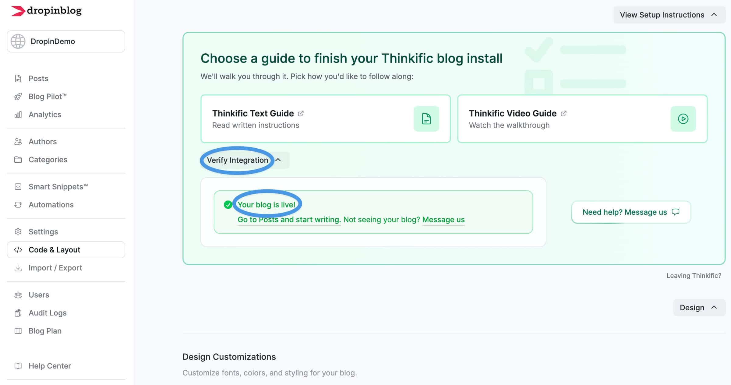 Thinkific blog install step