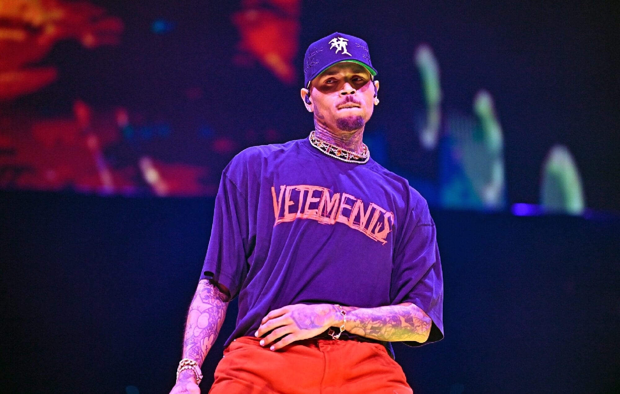 Chris Brown performing onstage during his '11:11' tour at State Farm Arena on July 14, 2024 in Atlanta, Georgia