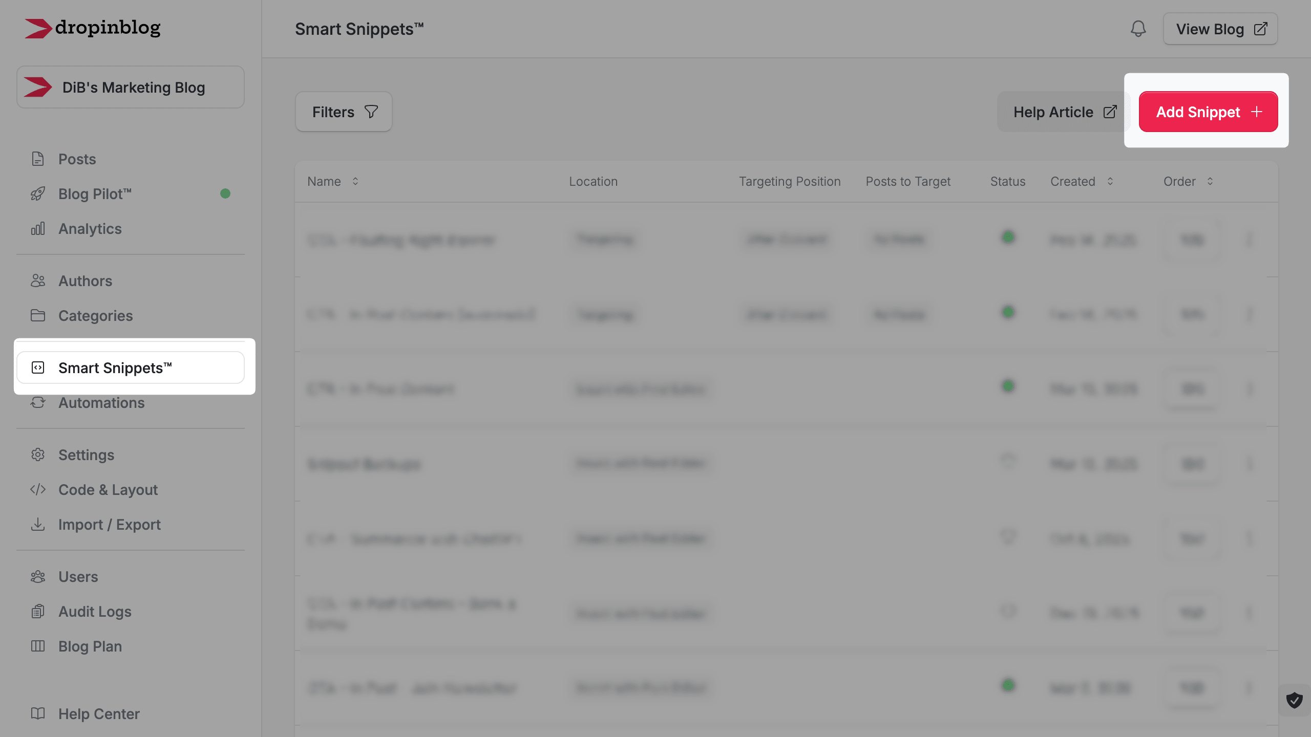 DropInBlog dashboard with Smart Snippets highlighted in the left menu and the Add Snippet button highlighted at the top right