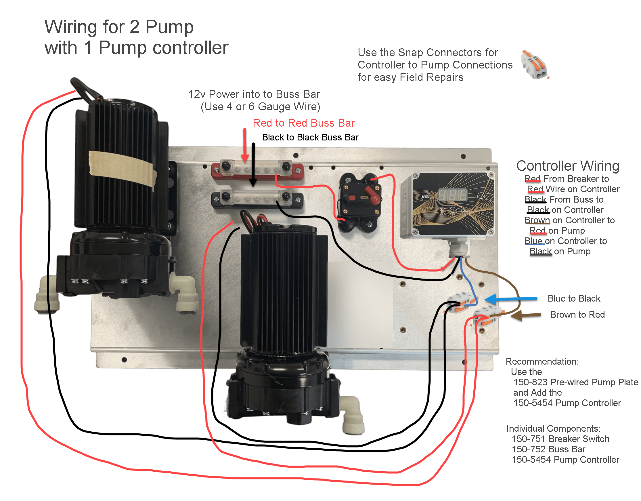 Wiring diagram showing two pumps connected to one controller through a bus bar and circuit breaker