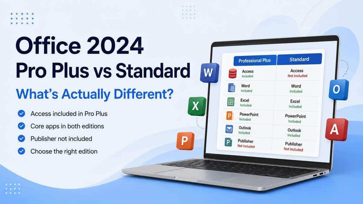 Office 2024 Professional Plus vs Standard comparison showing Microsoft Access included with Professional Plus
