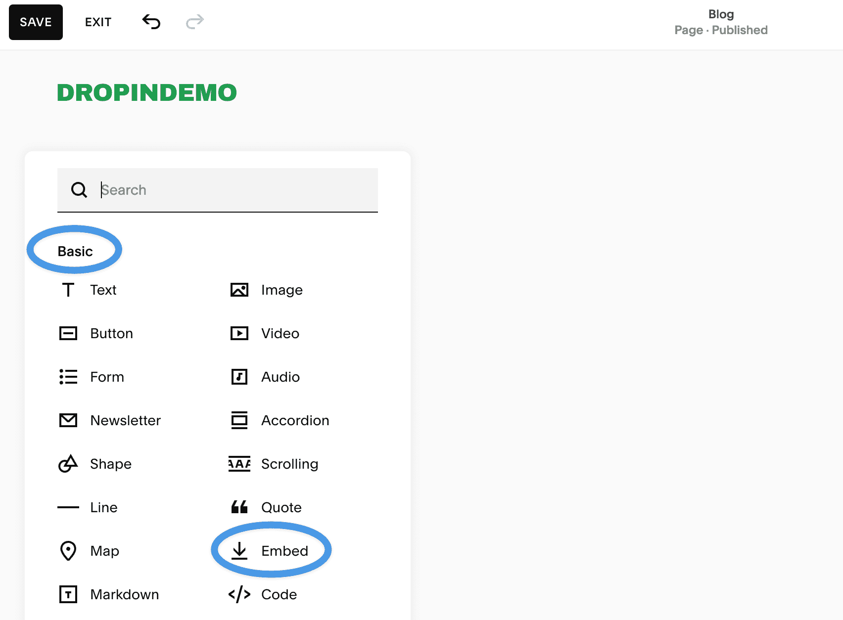 Adding the embed block to a new blog page in Squarespace