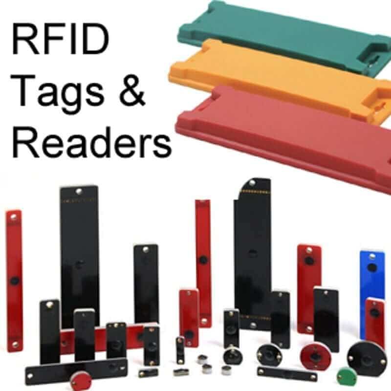 Diagram of how an RFID system works: reader, antenna, and tags exchanging radio-frequency signals