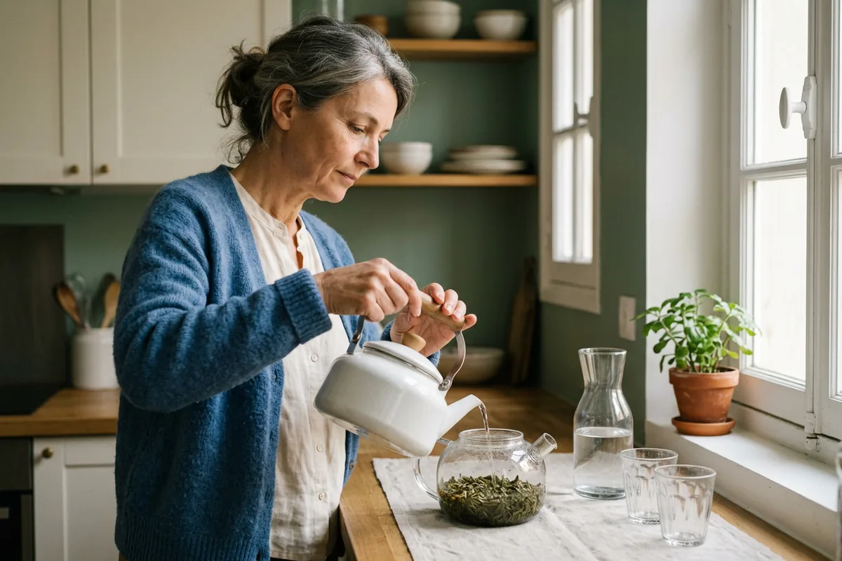 Femme d'une cinquantaine d'années qui prépare une tisane de feuilles séchées dans une petite cuisine le matin