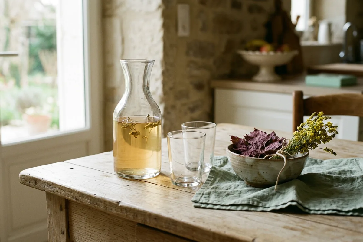 Carafe d'infusion fraîche et feuilles séchées de plantes pour les jambes sur une table en bois