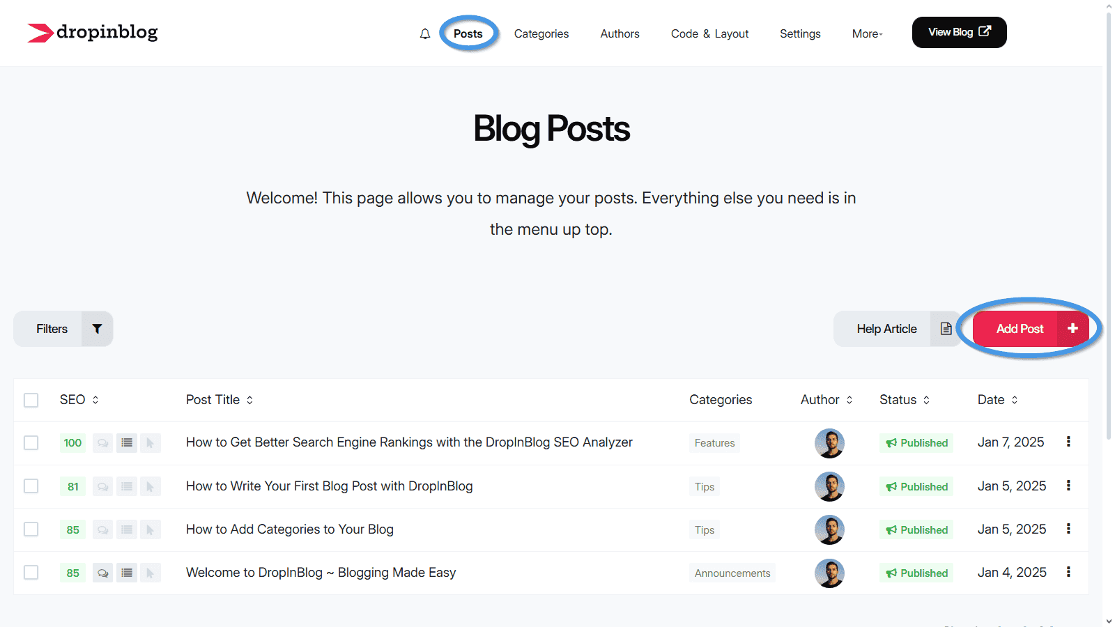 Adding a new post using the DropInBlog editor