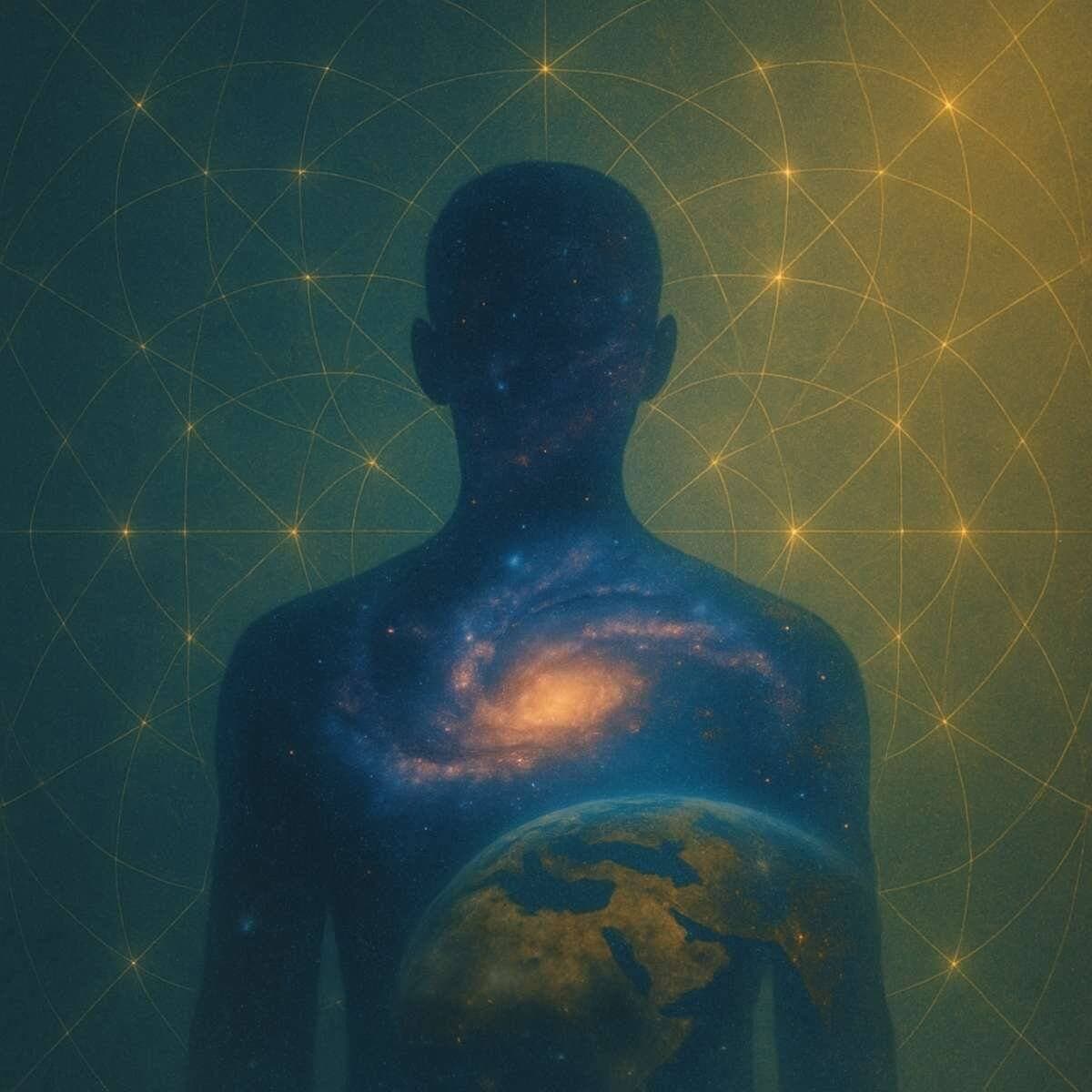 Silhouette filled with a galaxy and Earth, set against a golden grid and cosmic backdrop, symbolizing oneness and collective coherence.