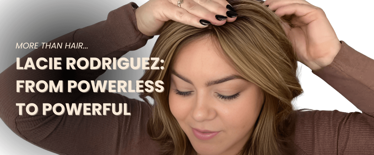 Lacie Rodriguez gently adjusting her Dimples hair topper, capturing a moment of quiet confidence and transformation.