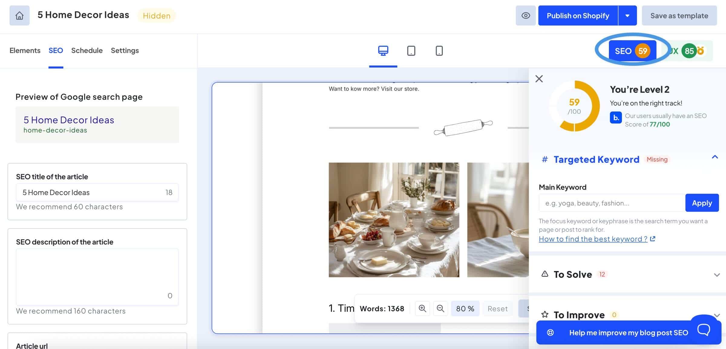 Bloggle's SEO scoring tool