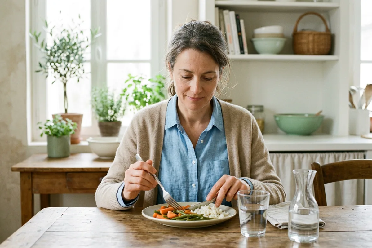 Femme qui déjeune lentement à la table de sa cuisine, légumes cuits et verre d'eau plate