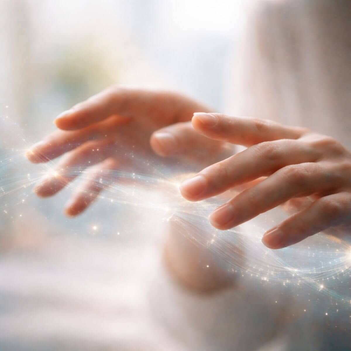 Hands gently interacting with subtle frequencies, illustrating how Reconnective Healing® is so simple and powerfully experienced through awareness and stillness.