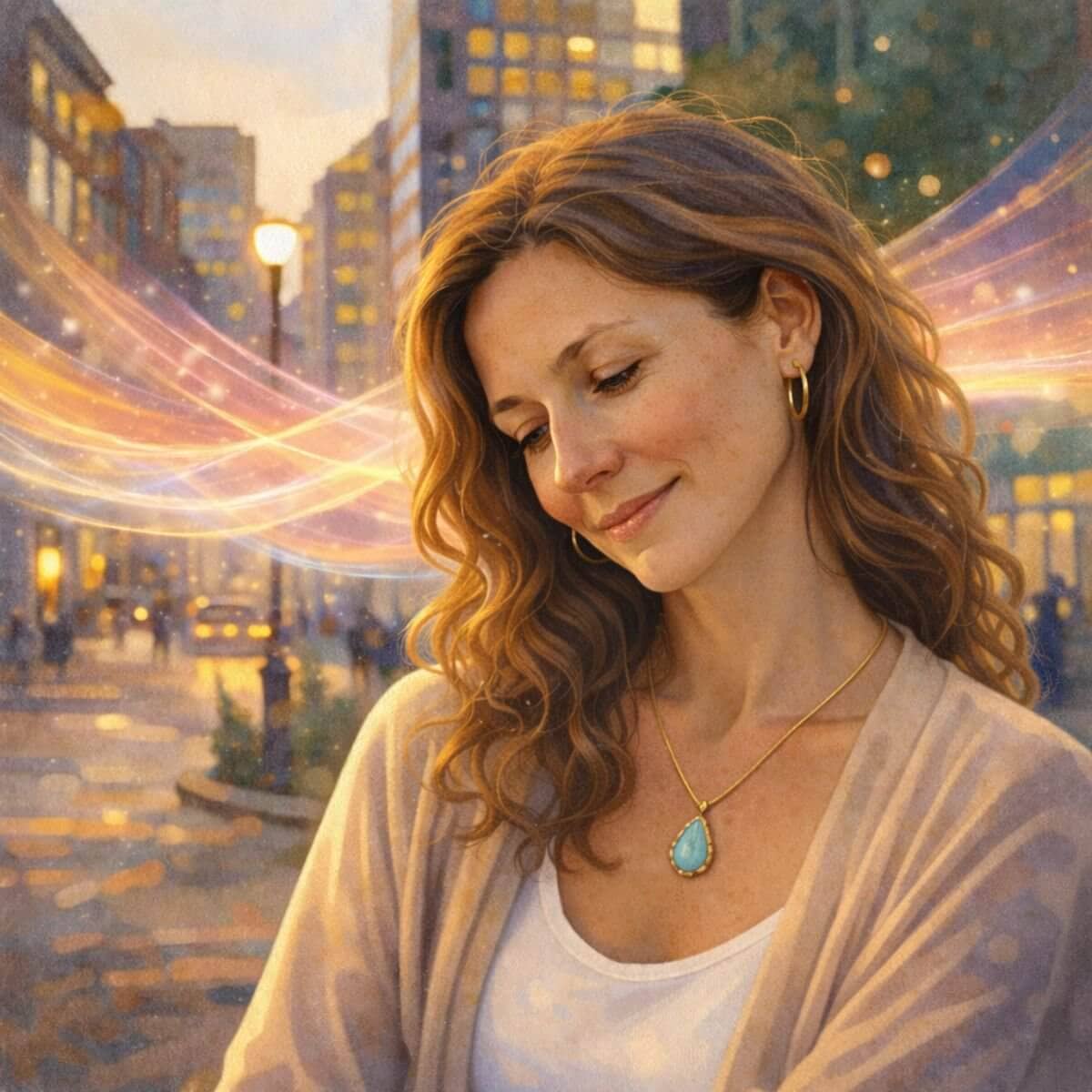 Illustration of a woman in an urban setting, eyes gently lowered, embodying listening with a different sense through quiet awareness and presence.