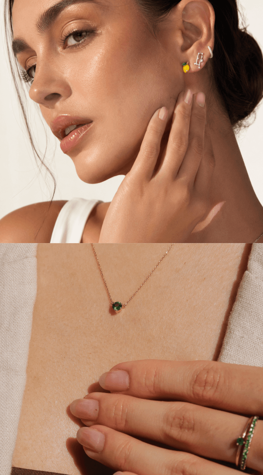 May birthstone emerald necklace styled with gold jewellery