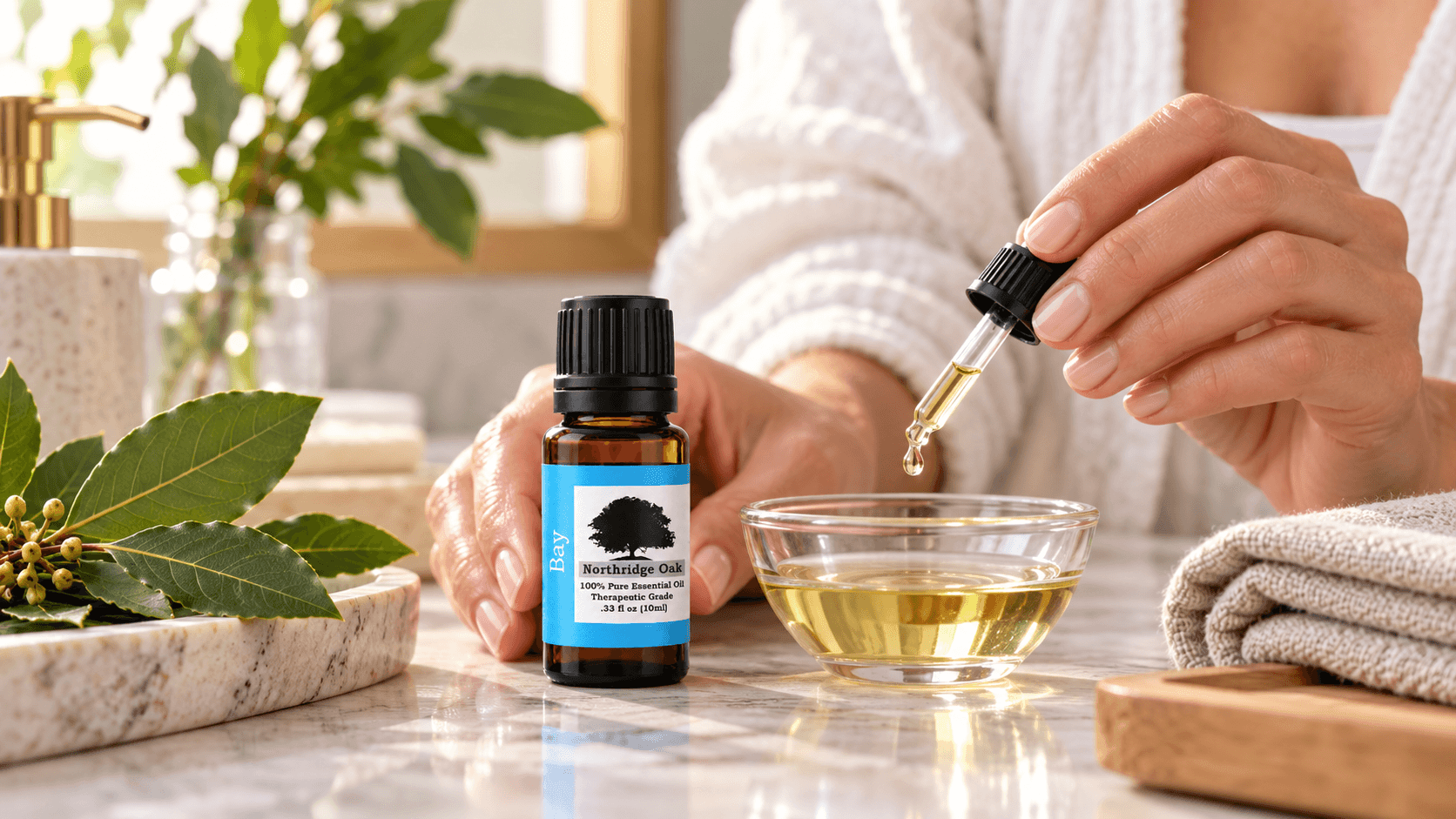 Bay Laurel essential oil beside carrier oil during a gentle skin-care blending ritual