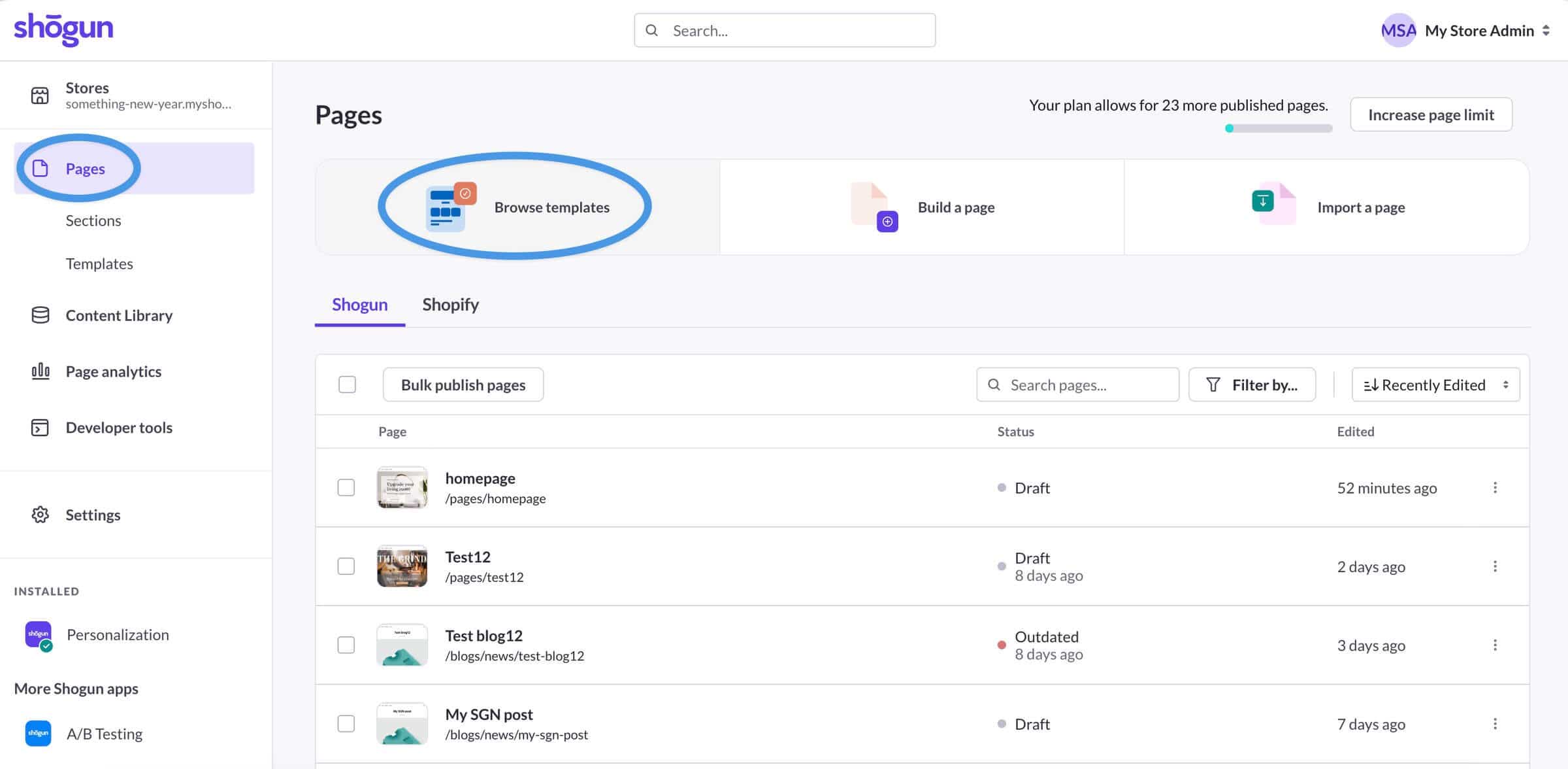 Start a new page with Shogun's templates