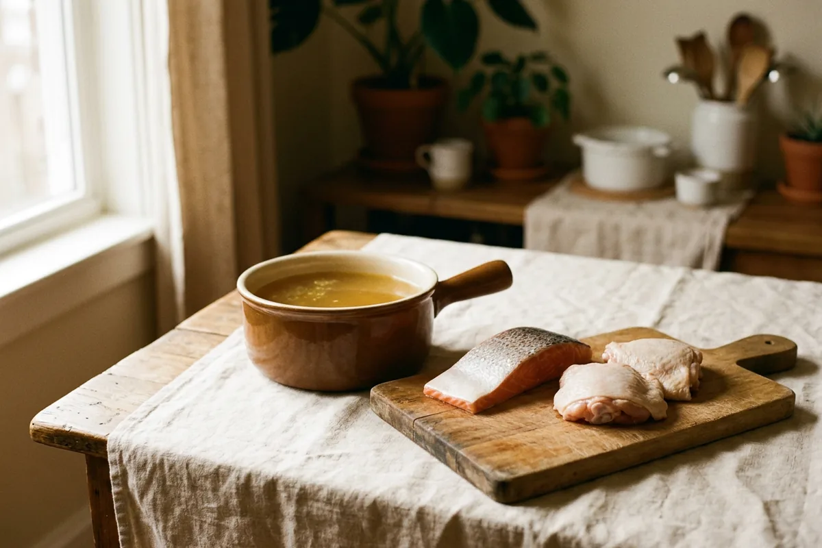 Bone broth, salmon with the skin on and chicken on a wooden table, common animal sources of collagen
