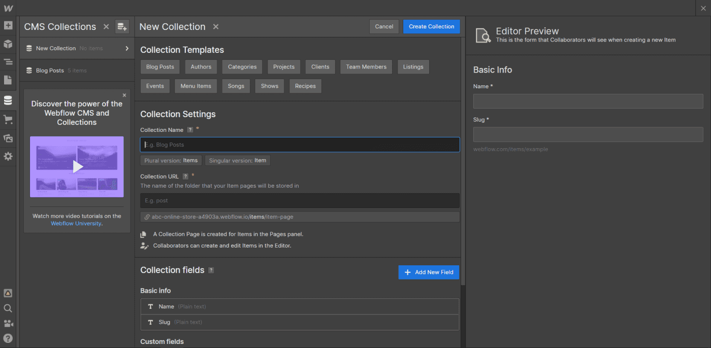 Webflow CMS collections