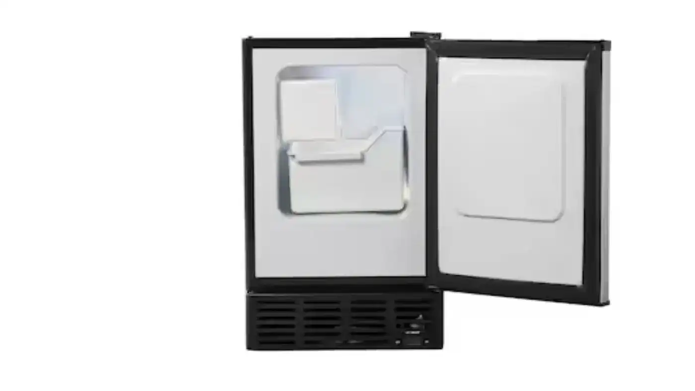 A black, under-the-counter ice maker with the door open, revealing the ice bin and a small amount of ice.