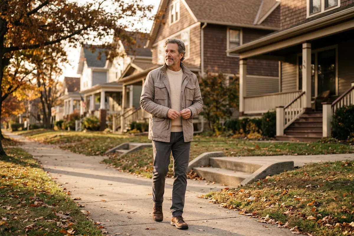 Man in his late fifties taking an easy walk on a quiet neighborhood sidewalk in the morning