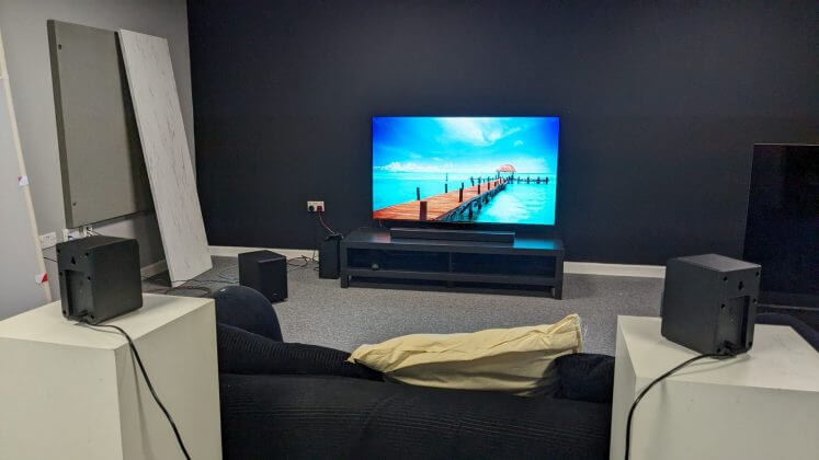 Complete Hisense AX5125H soundbar system in testing room.