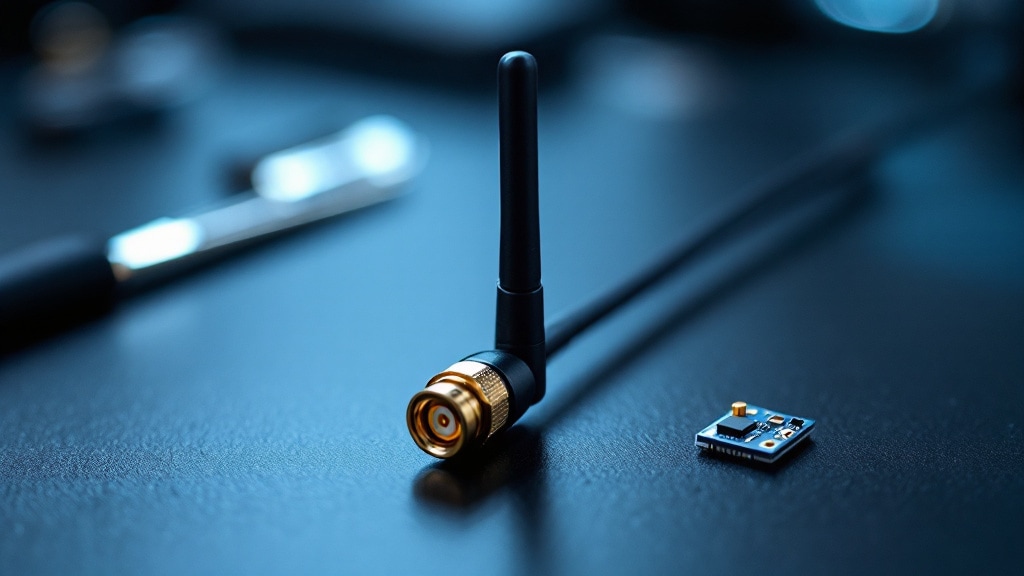 External 2.4 GHz Bluetooth antenna with gold SMA connector beside an IoT module with a U.FL micro-coax pigtail on a workbench