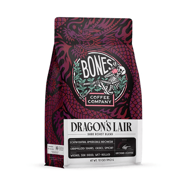 Bones Coffee Company Dragon's Lair dark roast blend packaging with dragon design