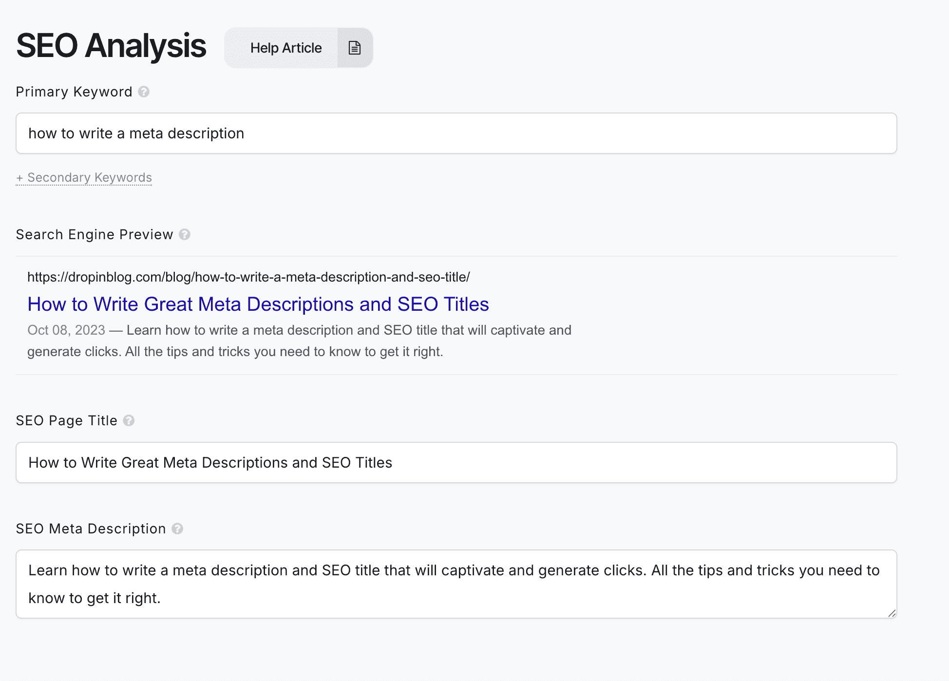 DropInBlog SEO Analyzer Screenshot