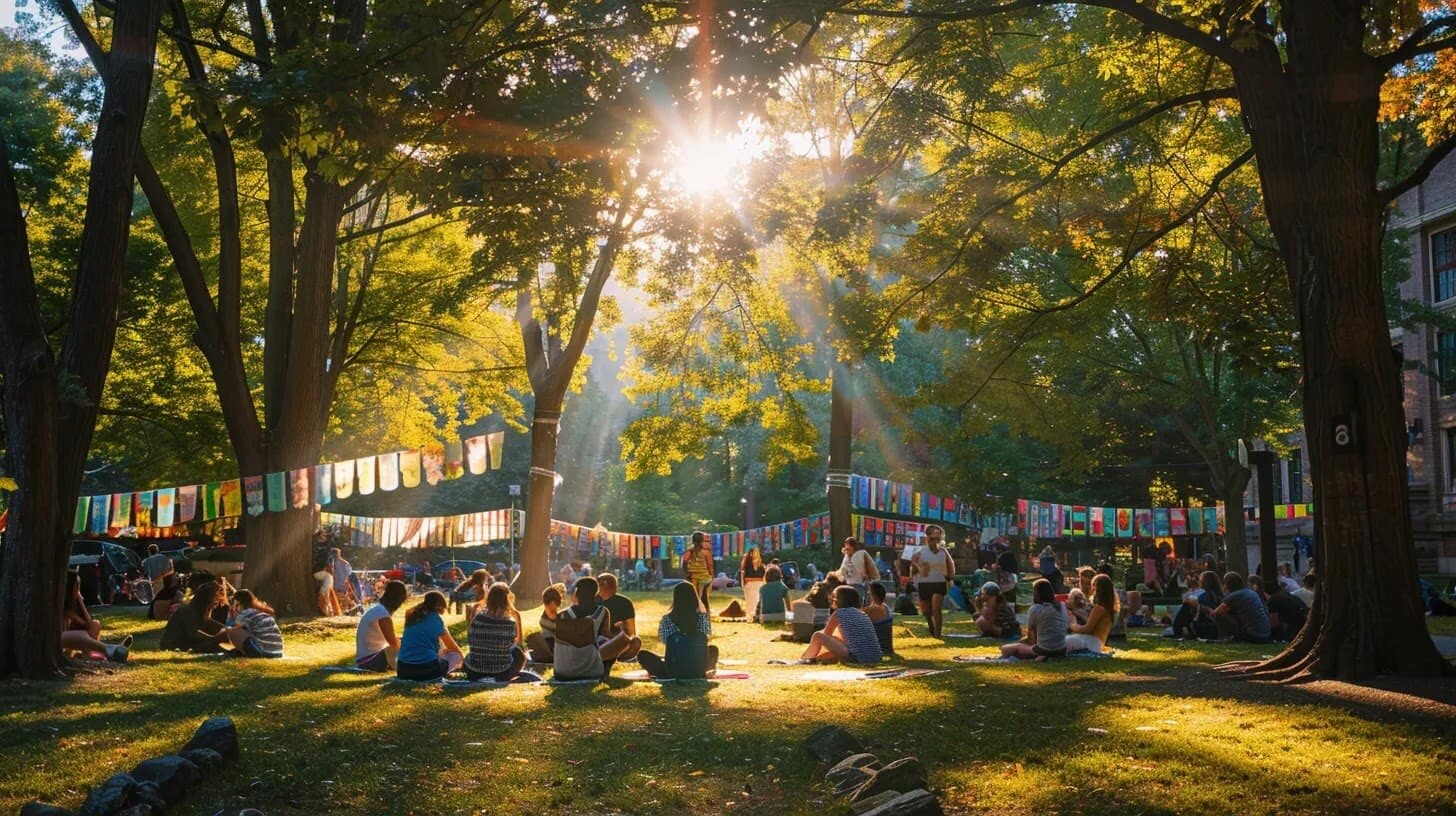 a vibrant college campus scene showcases diverse students engaging in a lively outdoor mental health workshop, surrounded by colorful banners, as sunlight streams through the trees, highlighting their connections and enthusiasm for well-being.