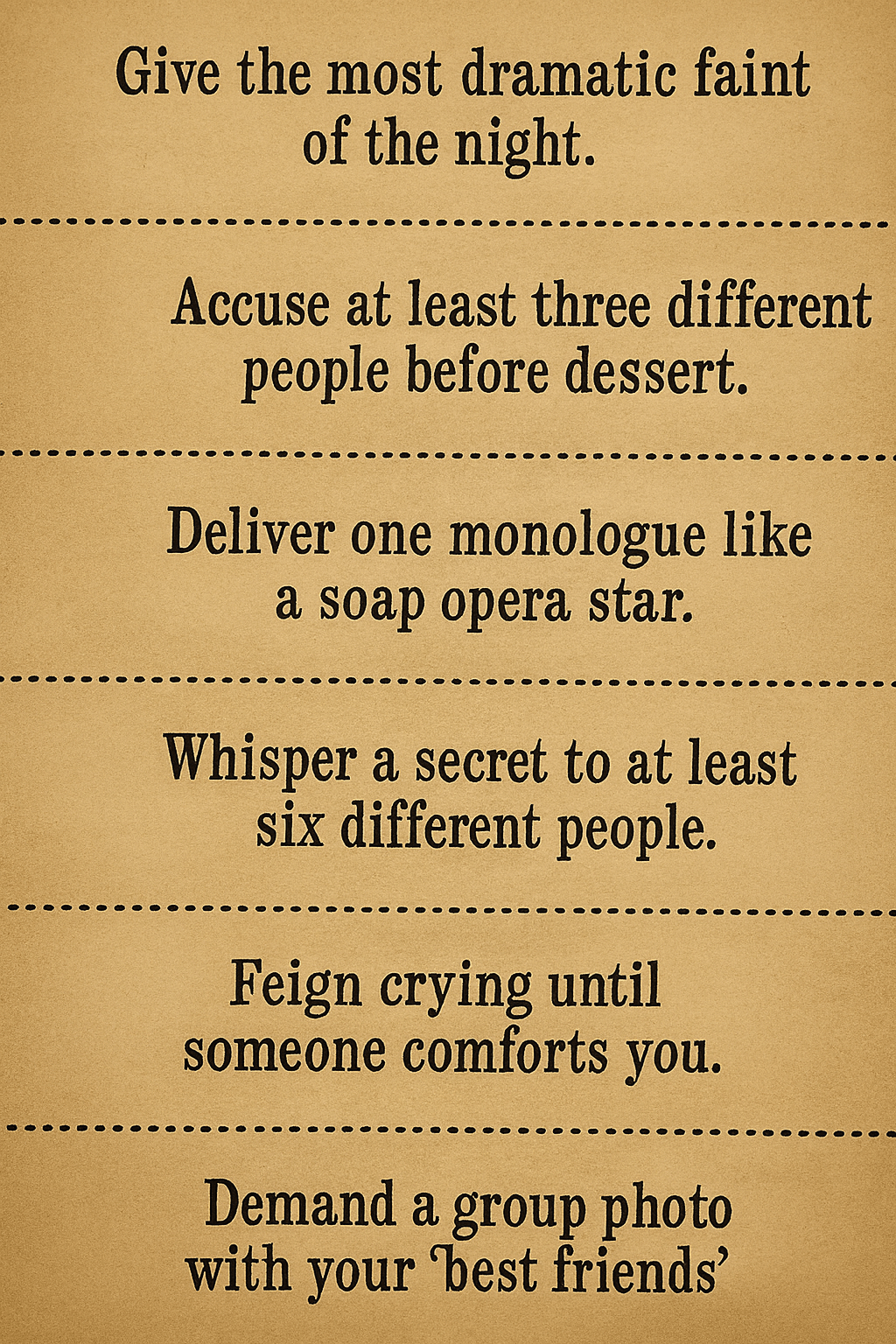 These are mini missions for a murder mystery party that you can cut out and give to players.