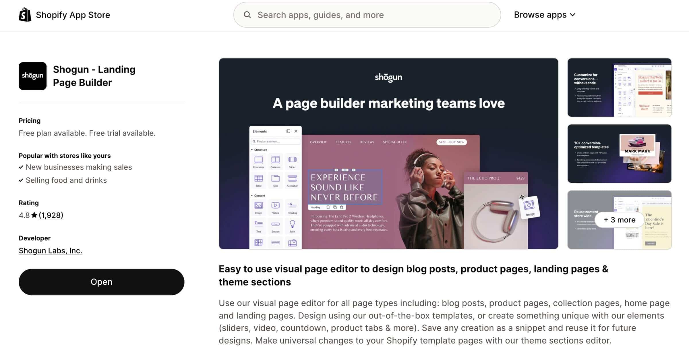 Shogun for Shopify: App listing