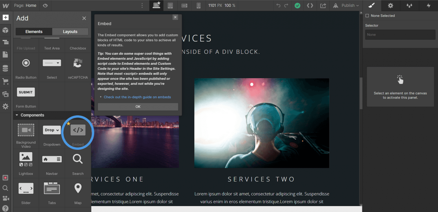 Webflow embed custom code