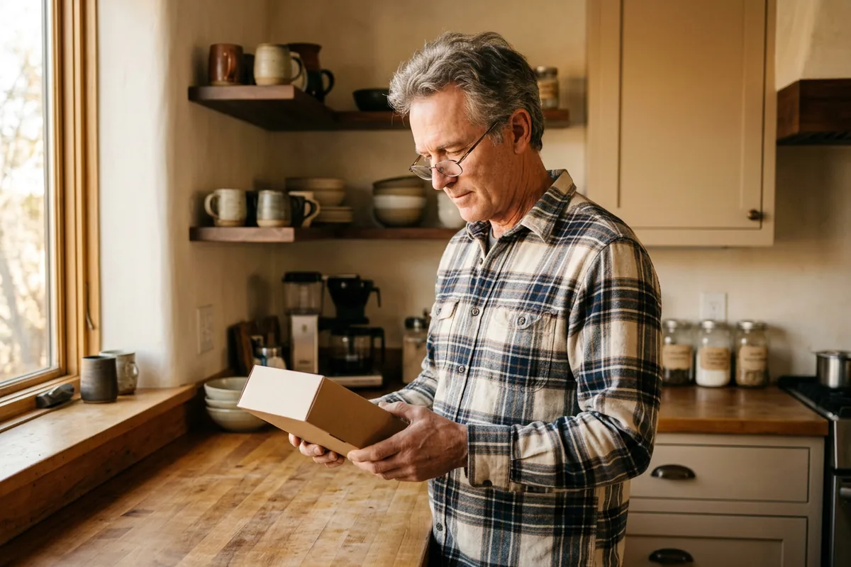 Man in his late fifties reading a supplement label at his kitchen counter