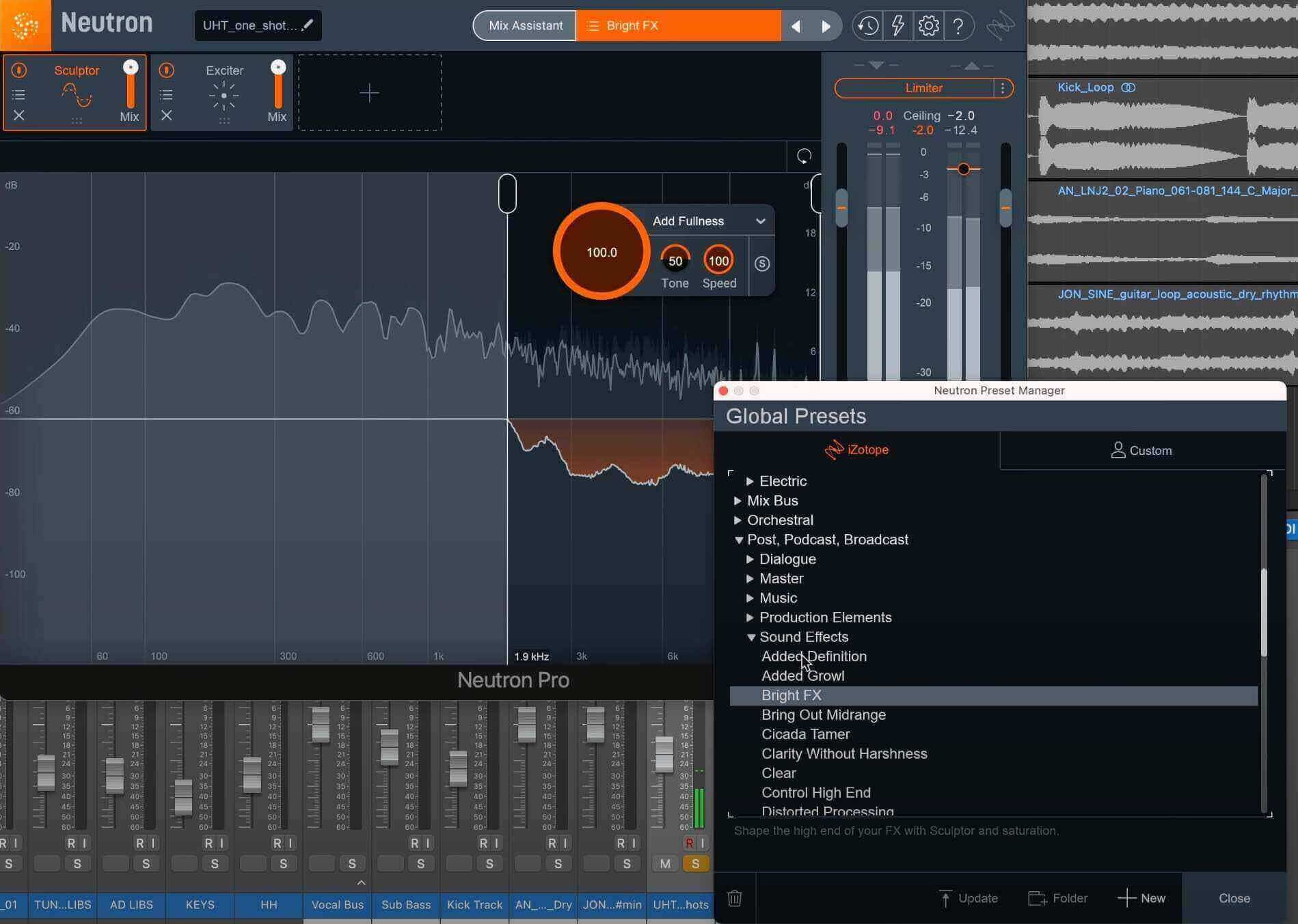 Presets for dialogue, master, production elements, and sound effects are included with Neutron